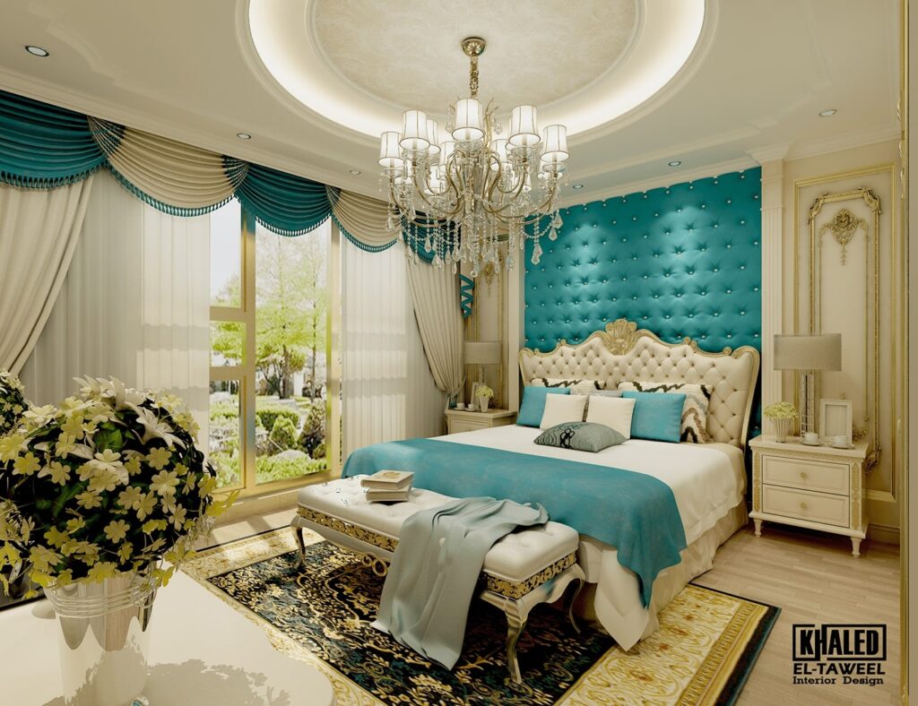 rococo classic bedroom interior with bold colors